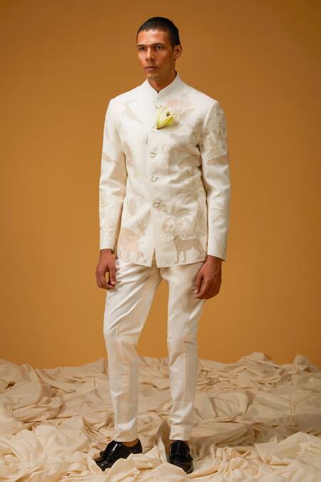 Buy Rohit Bal Ivory Silk Embroidery Jungle Bandhgala Online at Aza Fashions Buy_Rohit Bal_Ivory Silk Embroidery Jungle Bandhgala _Online_at_Aza_Fashions