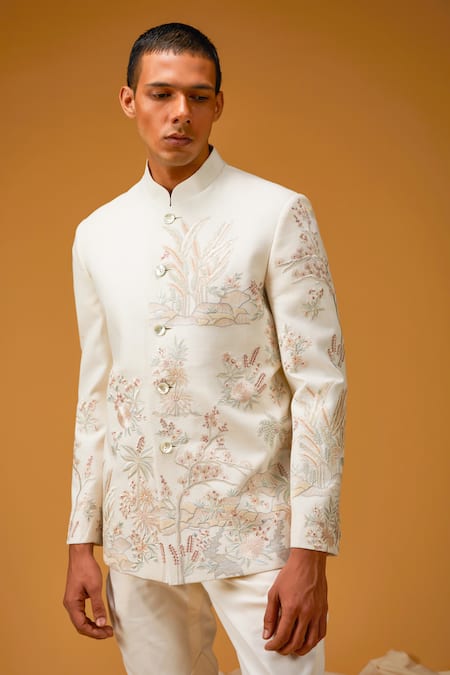 Rohit Bal_Ivory Silk, Linen Embroidery Botanical Bandhgala _Online_at_Aza_Fashions