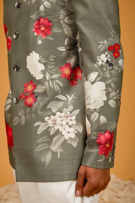 Rohit Bal_Grey Chanderi , Flower Print Bandhgala _Online_at_Aza_Fashions