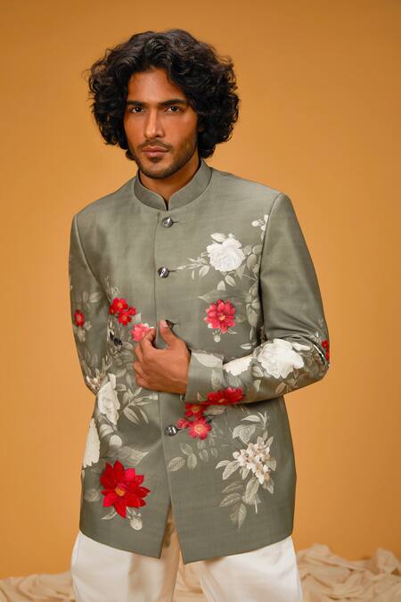 Buy_Rohit Bal_Grey Chanderi , Flower Print Bandhgala _Online_at_Aza_Fashions