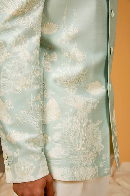 Rohit Bal_Blue Chanderi , Embroidery Garden Print Bandhgala _Online_at_Aza_Fashions