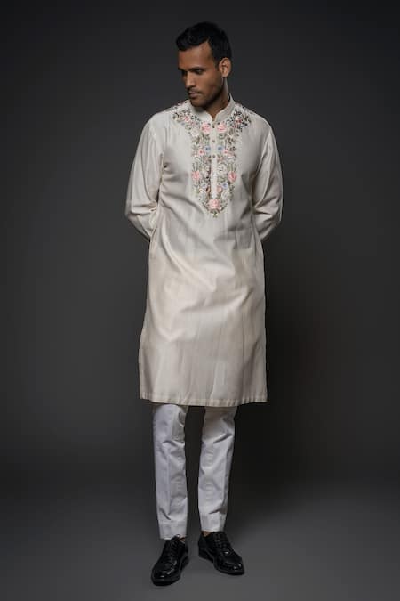 Rohit Bal Ivory Chanderi Silk Embroidery Floral Rose Bloom Kurta With Churidar 