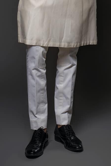 Rohit Bal_Ivory Chanderi Silk, Linen, Cotton Embroidery Rose Bloom Kurta With Churidar _Online_at_Aza_Fashions