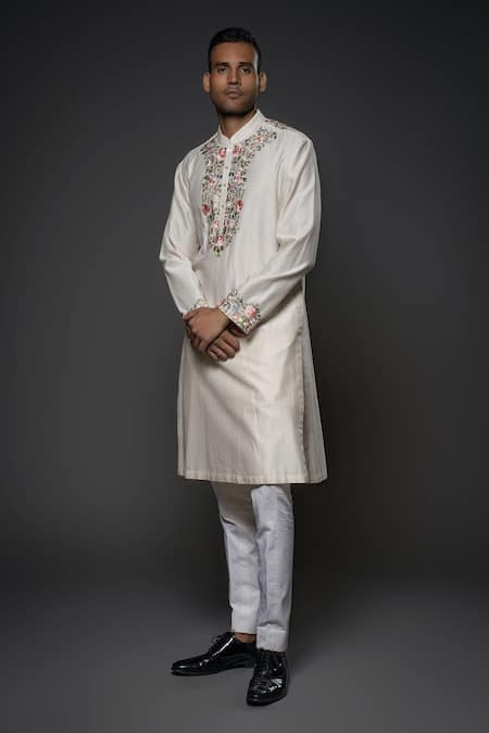 Buy_Rohit Bal_Ivory Chanderi Silk, Linen, Cotton Embroidery Rose Bloom Kurta With Churidar _Online_at_Aza_Fashions