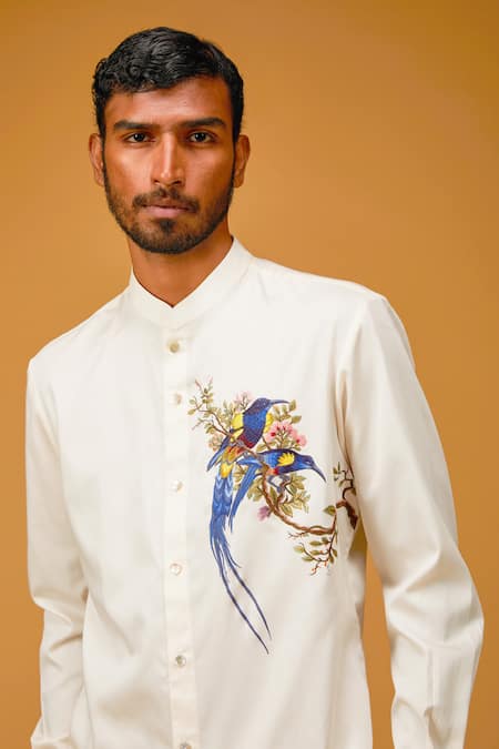 Rohit Bal White Poplin, Satin Embroidery Twin Bird Shirt Online at Aza Fashions Rohit Bal_White Poplin, Satin Embroidery Twin Bird Shirt _Online_at_Aza_Fashions
