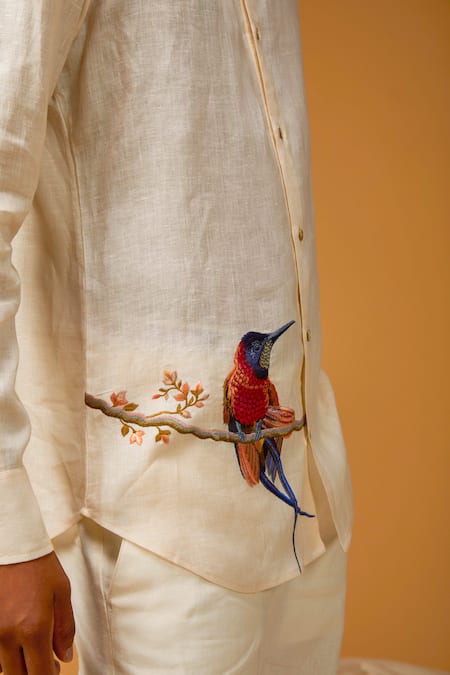 Shop_Rohit Bal_White Linen Embroidery Aesthetic Bird Shirt _at_Aza_Fashions