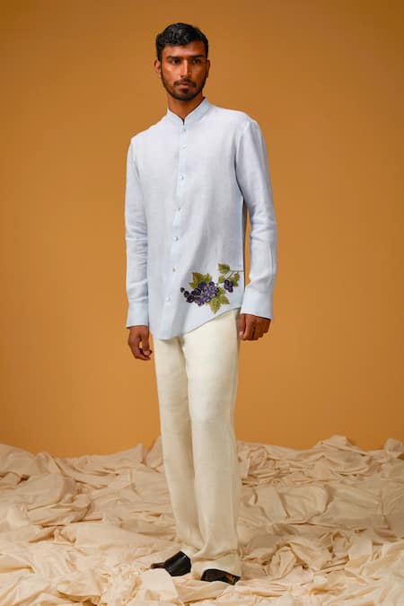 Rohit Bal Blue Linen Embroidery Grape Placement Shirt 