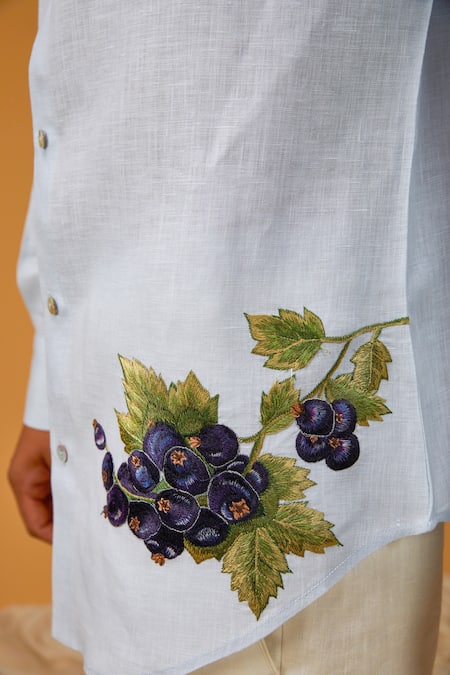 Rohit Bal Blue Linen Embroidery Placement Grape Shirt Online at Aza Fashions Rohit Bal_Blue Linen Embroidery Placement Grape Shirt _Online_at_Aza_Fashions