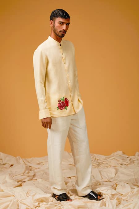 Rohit Bal Yellow Linen Embroidery Pomegranate Shirt 