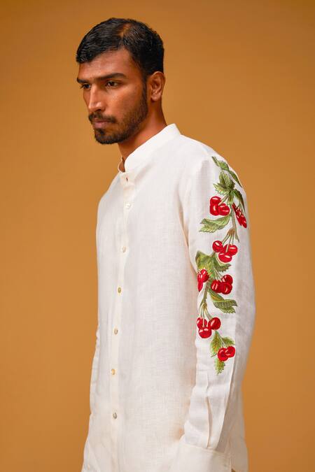 Rohit Bal White Linen Embroidery Cherry Sleeve Shirt Online at Aza Fashions Rohit Bal_White Linen Embroidery Cherry Sleeve Shirt _Online_at_Aza_Fashions
