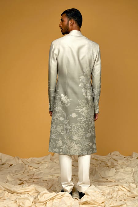 Shop_Rohit Bal_Grey Chanderi , Pearls Floral Bloom Print Sherwani _at_Aza_Fashions
