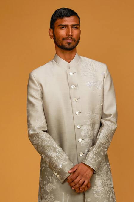 Buy_Rohit Bal_Grey Chanderi , Pearls Floral Bloom Print Sherwani _Online_at_Aza_Fashions