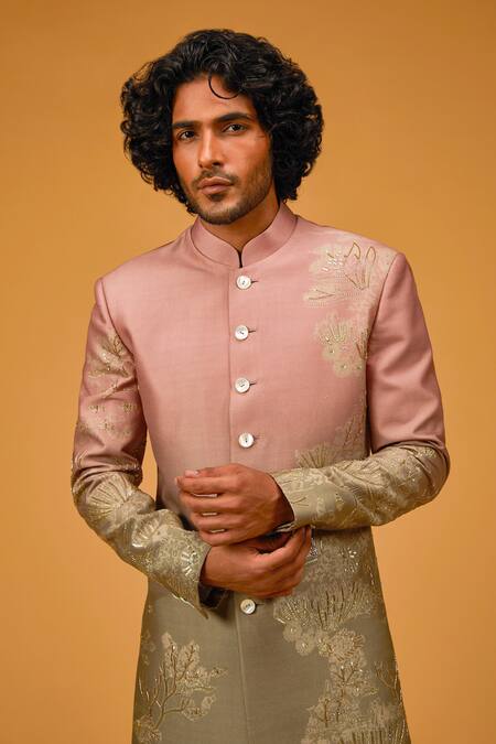 Rohit Bal Pink Chanderi , Embroidery, Cut Floral Bloom Print Two Tone Sherwani Online at Aza Fashions Rohit Bal_Pink Chanderi , Embroidery, Cut Floral Bloom Print Two Tone Sherwani _Online_at_Aza_Fashions