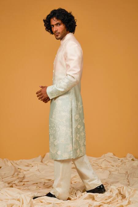 Shop Rohit Bal Pink Chanderi , Pearls, Cut Work Flower Bloom Print Two Tone Sherwani Online at Aza Fashions Shop_Rohit Bal_Pink Chanderi , Pearls, Cut Work Flower Bloom Print Two Tone Sherwani _Online_at_Aza_Fashions