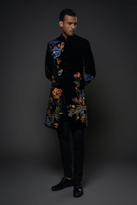 Rohit Bal Black Velvet Embroidery Floral Garden Sherwani 