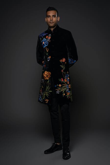 Rohit Bal Black Velvet, Silk Embroidery Floral Garden Sherwani Online at Aza Fashions Rohit Bal_Black Velvet, Silk Embroidery Floral Garden Sherwani _Online_at_Aza_Fashions