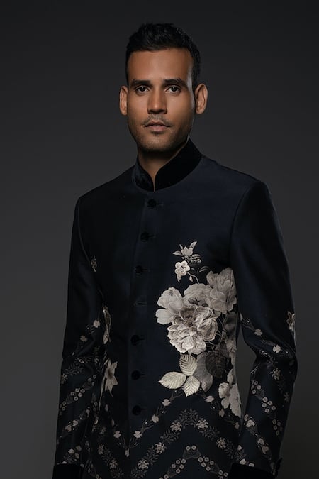 Rohit Bal_Black Maheshwari, Silk Embroidery Monochrome Floral Sherwani _Online_at_Aza_Fashions