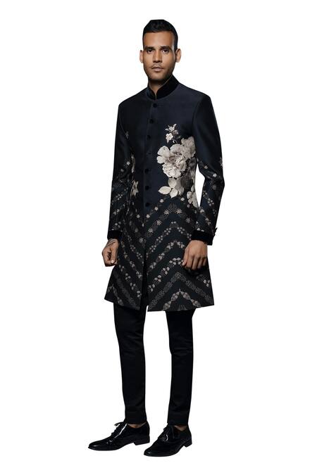Buy_Rohit Bal_Black Maheshwari, Silk Embroidery Monochrome Floral Sherwani _Online_at_Aza_Fashions