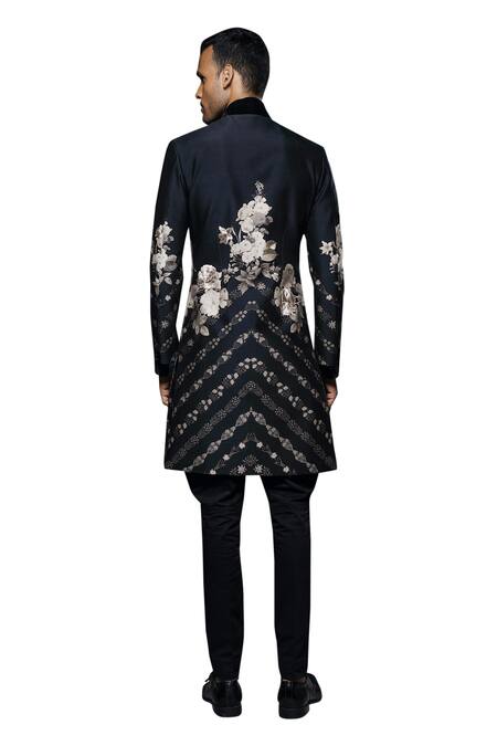 Shop_Rohit Bal_Black Maheshwari, Silk Embroidery Monochrome Floral Sherwani _Online_at_Aza_Fashions