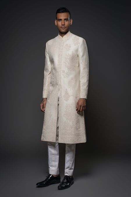 Rohit Bal_Ivory Silk Embroidery Resham Floral Sherwani _Online_at_Aza_Fashions