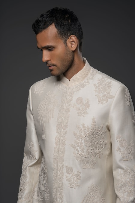 Buy_Rohit Bal_Ivory Silk Embroidery Resham Floral Sherwani _Online_at_Aza_Fashions