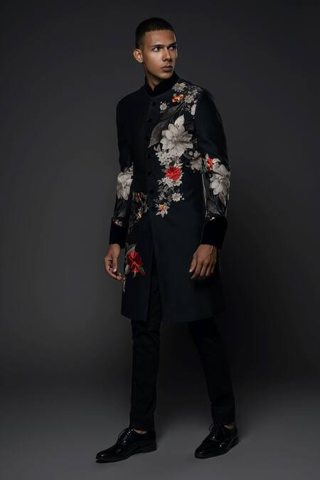 Rohit Bal Black Silk Embroidery Flower Garden Sherwani Online at Aza Fashions Rohit Bal_Black Silk Embroidery Flower Garden Sherwani _Online_at_Aza_Fashions