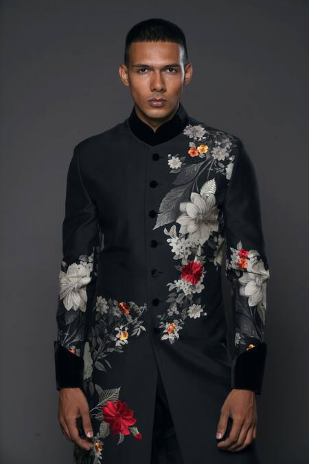 Shop Rohit Bal Black Silk Embroidery Flower Garden Sherwani Online at Aza Fashions Shop_Rohit Bal_Black Silk Embroidery Flower Garden Sherwani _Online_at_Aza_Fashions
