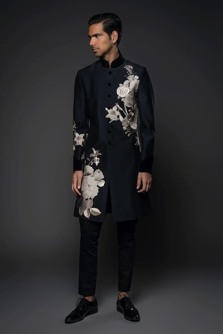 Rohit Bal Black Maheshwari, Silk Embroidery Monochrome Floral Print Sherwani Online at Aza Fashions Rohit Bal_Black Maheshwari, Silk Embroidery Monochrome Floral Print Sherwani _Online_at_Aza_Fashions