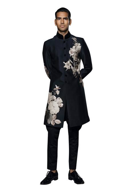 Buy Rohit Bal Black Maheshwari, Silk Embroidery Monochrome Floral Print Sherwani Online at Aza Fashions Buy_Rohit Bal_Black Maheshwari, Silk Embroidery Monochrome Floral Print Sherwani _Online_at_Aza_Fashions