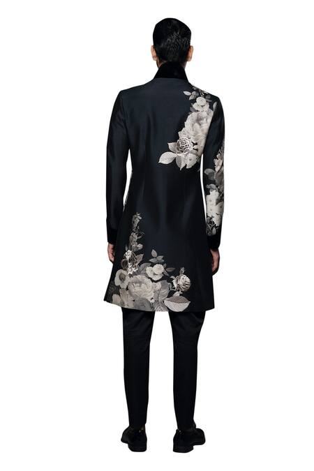 Shop Rohit Bal Black Maheshwari, Silk Embroidery Monochrome Floral Print Sherwani Online at Aza Fashions Shop_Rohit Bal_Black Maheshwari, Silk Embroidery Monochrome Floral Print Sherwani _Online_at_Aza_Fashions
