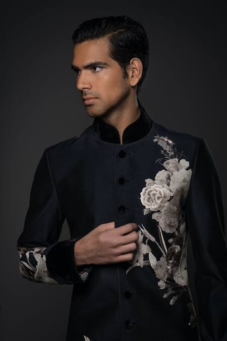 Rohit Bal Black Maheshwari, Silk Embroidery Monochrome Floral Print Sherwani at Aza Fashions Rohit Bal_Black Maheshwari, Silk Embroidery Monochrome Floral Print Sherwani _at_Aza_Fashions