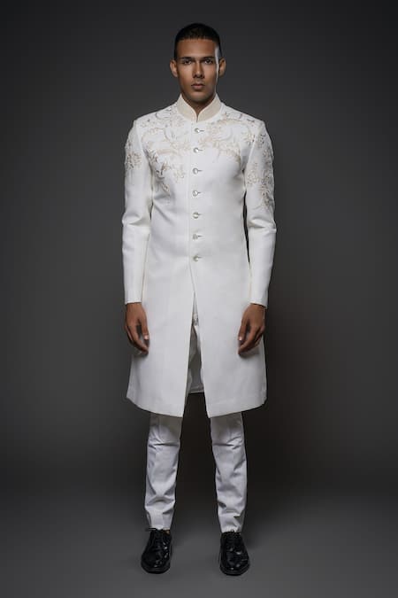 Rohit Bal_Ivory Silk Embroidery Floral Yoke Sherwani _Online_at_Aza_Fashions