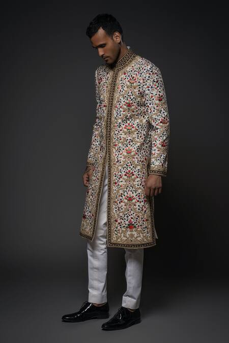 Rohit Bal_Ivory Matka Silk Embroidery Floral Garden Hand Sherwani _Online_at_Aza_Fashions
