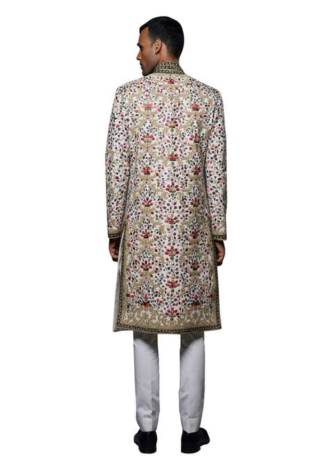 Rohit Bal_Ivory Matka Silk Embroidery Floral Garden Hand Sherwani _at_Aza_Fashions