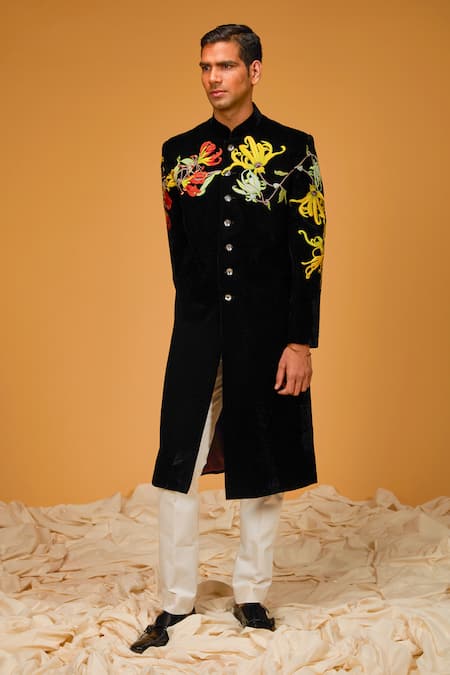 Rohit Bal Black Velvet Embroidery Floral Garden Contrast Yoke Sherwani 