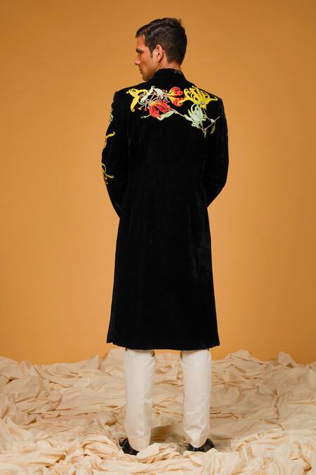 Rohit Bal Contrast Floral Embroidered Yoke Sherwani 