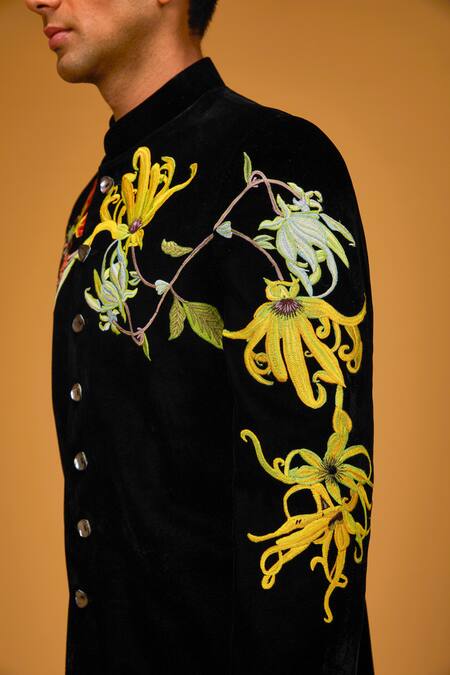 Rohit Bal_Black Velvet, Silk Embroidery Contrast Floral Yoke Sherwani _Online_at_Aza_Fashions