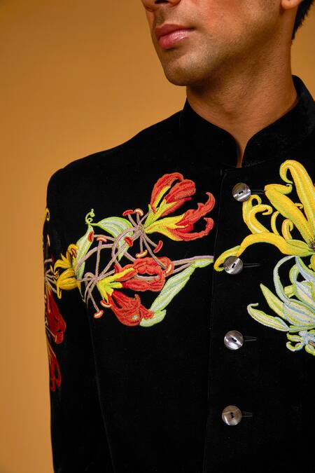Buy_Rohit Bal_Black Velvet, Silk Embroidery Contrast Floral Yoke Sherwani _Online_at_Aza_Fashions