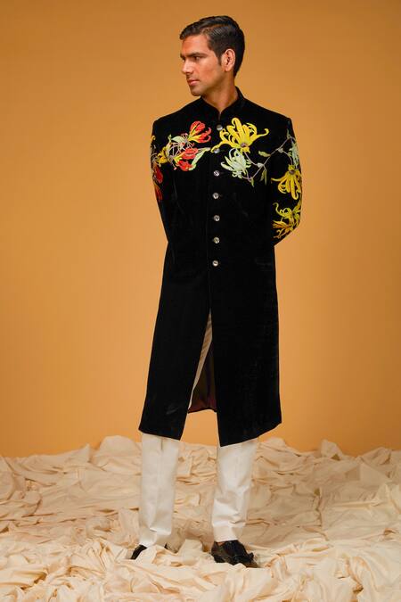 Shop_Rohit Bal_Black Velvet, Silk Embroidery Contrast Floral Yoke Sherwani _Online_at_Aza_Fashions