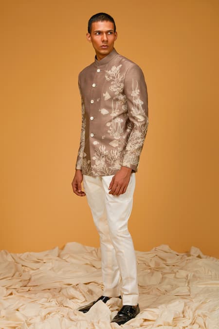 Rohit Bal Chanderi Silk Marine Print Bandhgala 