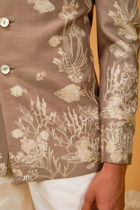 Rohit Bal_Brown Chanderi , Sequins, Beads Marine Print Bandhgala _Online_at_Aza_Fashions