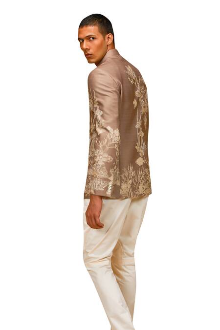 Buy_Rohit Bal_Brown Chanderi , Sequins, Beads Marine Print Bandhgala _Online_at_Aza_Fashions