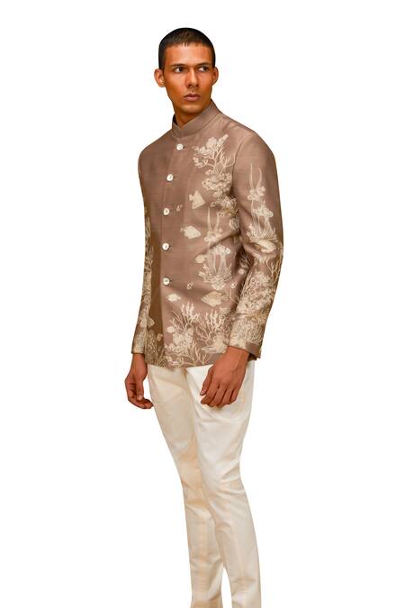 Shop_Rohit Bal_Brown Chanderi , Sequins, Beads Marine Print Bandhgala _Online_at_Aza_Fashions