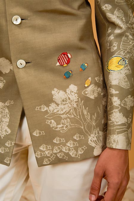 Rohit Bal_Brown Chanderi Silk Printed Marine Patchwork Bandhgala _Online_at_Aza_Fashions
