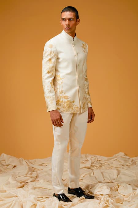 Rohit Bal Ivory Chanderi , Sequins, Beads Marine Print Embellished Bandhgala Online at Aza Fashions Rohit Bal_Ivory Chanderi , Sequins, Beads Marine Print Embellished Bandhgala _Online_at_Aza_Fashions