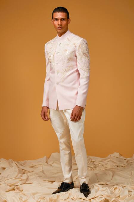 Rohit Bal_Pink Silk Embroidery, Sequins Foliage Resham Bandhgala _Online_at_Aza_Fashions