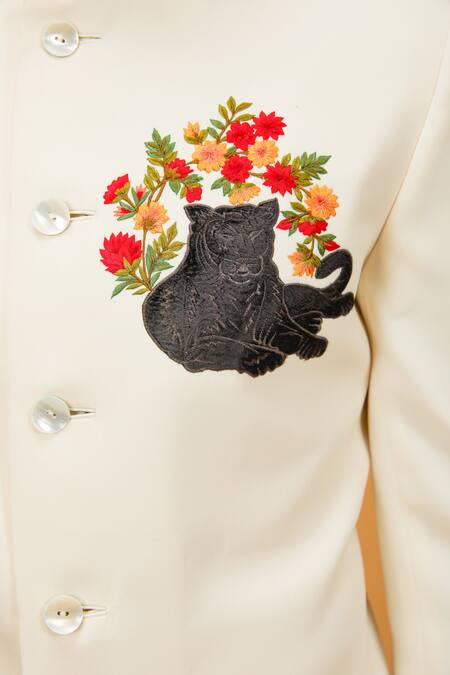 Rohit Bal_White Silk, Microfiber Embroidery Leopard Resham Bandhgala _Online_at_Aza_Fashions