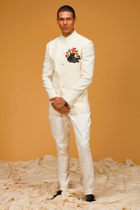 Buy_Rohit Bal_White Silk, Microfiber Embroidery Leopard Resham Bandhgala _Online_at_Aza_Fashions