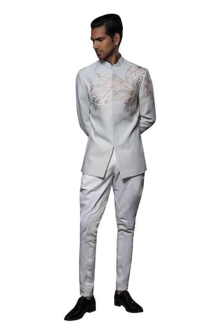 Rohit Bal_Blue Maheshwari, Silk Pearls, Floral Foliage Resham Embroidered Bandhgala _Online_at_Aza_Fashions