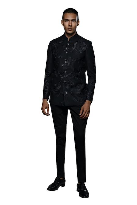 Rohit Bal_Black Muslin, Silk Embroidery Floral Resham Bandhgala _Online_at_Aza_Fashions